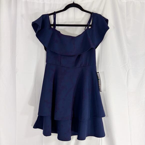 Navy Juniors Womens Ruffled Off-The-Shoulder Cocktail and Party Dress - Picture 3 of 6